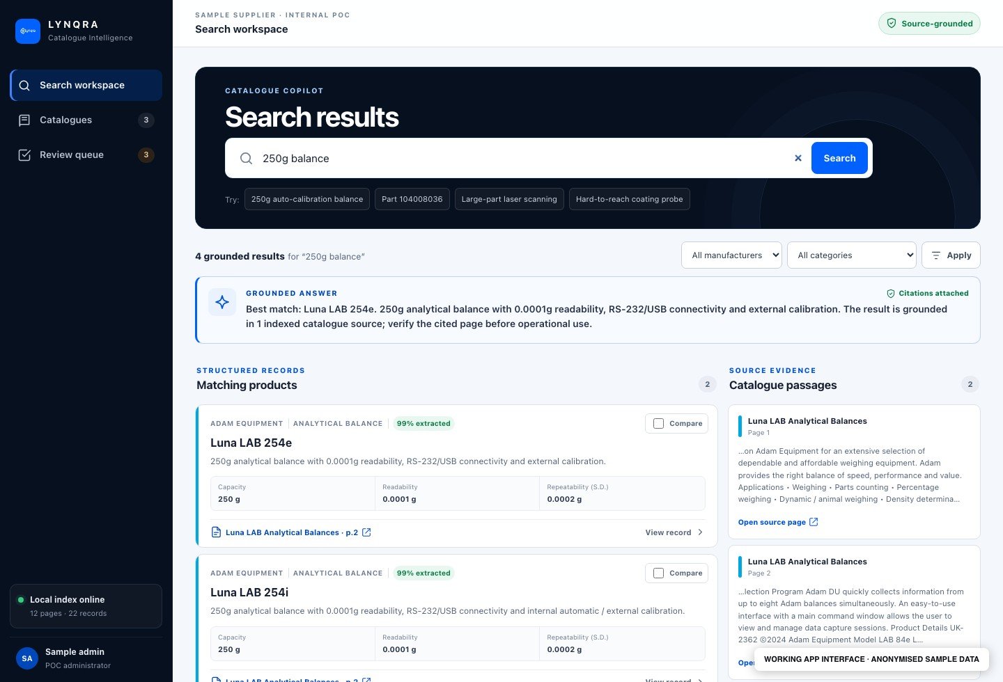 Screenshot of the original catalogue search interface using its demonstration catalogue records and local search. Client branding and the administrator identity have been anonymised.